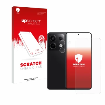 Parte frontal de un envase de producto con el logotipo de la marca upscreen. Al lado se muestra el dispositivo Xiaomi Redmi No