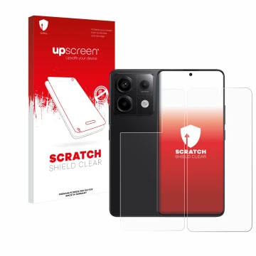 Parte frontal de un envase de producto con el logotipo de la marca upscreen. Al lado se muestra el dispositivo Xiaomi Redmi No