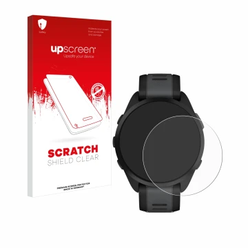 Parte frontal de un envase de producto con el logotipo de la marca upscreen. Al lado se muestra el dispositivo Garmin Forerunn