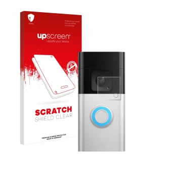Parte frontal de un envase de producto con el logotipo de la marca upscreen. Al lado se muestra el dispositivo Ring Video Door