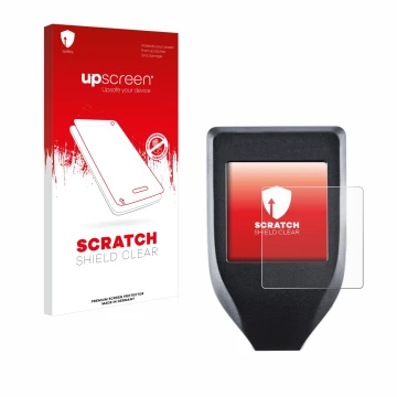 Parte frontal de un envase de producto con el logotipo de la marca upscreen. Al lado se muestra el dispositivo Trezor Model T 