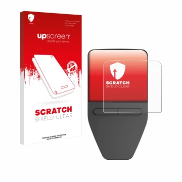Parte frontal de un envase de producto con el logotipo de la marca upscreen. Al lado se muestra el dispositivo Trezor Safe 3 c