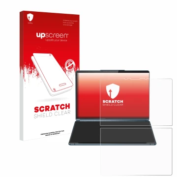 Parte frontal de un envase de producto con el logotipo de la marca upscreen. Al lado se muestra el dispositivo Lenovo Yoga Boo