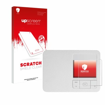 Parte frontal de un envase de producto con el logotipo de la marca upscreen. Al lado se muestra el dispositivo Canon Selphy CP