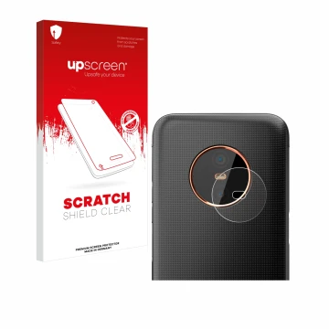 Parte frontal de un envase de producto con el logotipo de la marca upscreen. Al lado se muestra el dispositivo Gigaset GX6 Pro