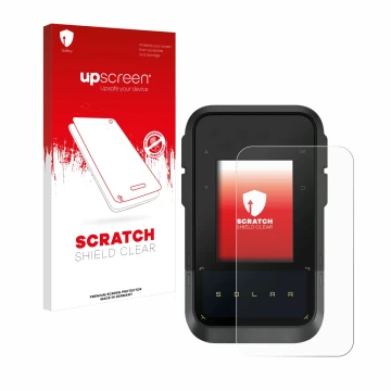 Parte frontal de un envase de producto con el logotipo de la marca upscreen. Al lado se muestra el dispositivo Garmin eTrex So