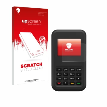 Parte frontal de un envase de producto con el logotipo de la marca upscreen. Al lado se muestra el dispositivo Shopify WisePad