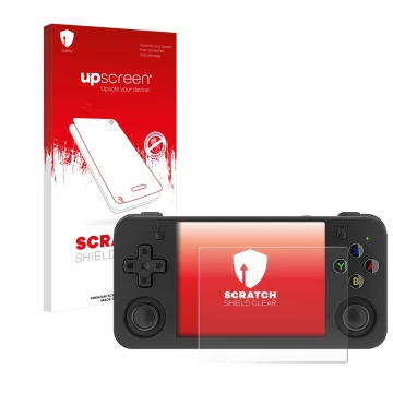 Parte frontal de un envase de producto con el logotipo de la marca upscreen. Al lado se muestra el dispositivo Anbernic RG35XX