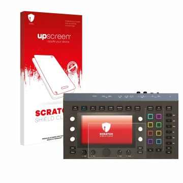 Parte frontal de un envase de producto con el logotipo de la marca upscreen. Al lado se muestra el dispositivo Waldorf Iridium