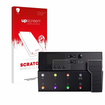 Parte frontal de un envase de producto con el logotipo de la marca upscreen. Al lado se muestra el dispositivo Line 6 POD Go c