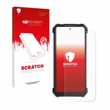 Parte frontal de un envase de producto con el logotipo de la marca upscreen. Al lado se muestra el dispositivo Unihertz Tank 3