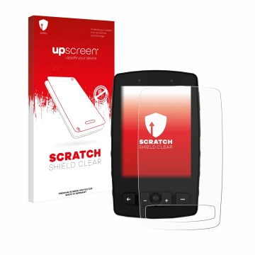 Parte frontal de un envase de producto con el logotipo de la marca upscreen. Al lado se muestra el dispositivo TwoNav Aventura