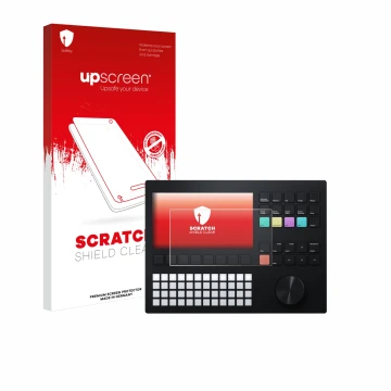 Parte frontal de un envase de producto con el logotipo de la marca upscreen. Al lado se muestra el dispositivo Polyend Tracker