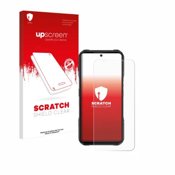 Parte frontal de un envase de producto con el logotipo de la marca upscreen. Al lado se muestra el dispositivo Doogee V20S con