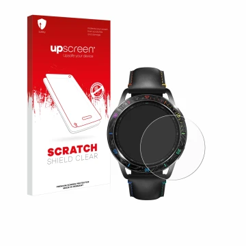 Parte frontal de un envase de producto con el logotipo de la marca upscreen. Al lado se muestra el dispositivo Xiaomi Watch S3