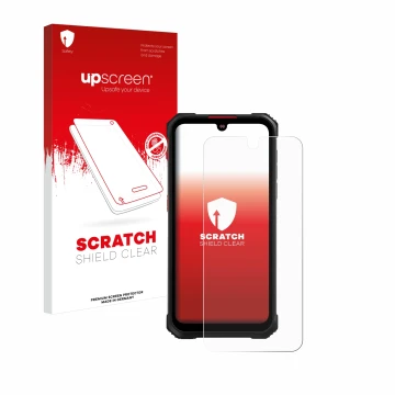 Parte frontal de un envase de producto con el logotipo de la marca upscreen. Al lado se muestra el dispositivo Hotwav Cyber 9 