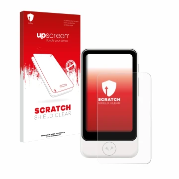 Parte frontal de un envase de producto con el logotipo de la marca upscreen. Al lado se muestra el dispositivo Pocketalk Plus 