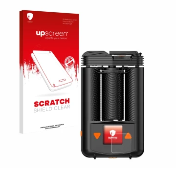 Parte frontal de un envase de producto con el logotipo de la marca upscreen. Al lado se muestra el dispositivo Storz & Bickel 