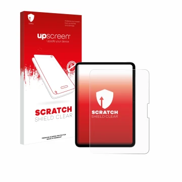 Parte frontal de un envase de producto con el logotipo de la marca upscreen. Al lado se muestra el dispositivo Apple iPad Pro 