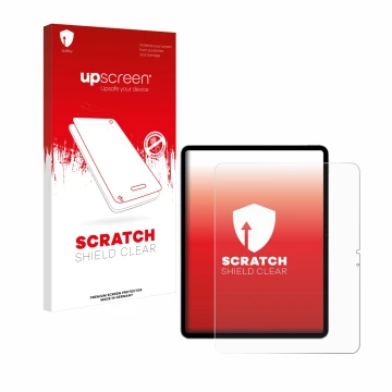 Parte frontal de un envase de producto con el logotipo de la marca upscreen. Al lado se muestra el dispositivo Apple iPad Air 