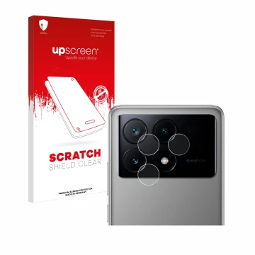 Parte frontal de un envase de producto con el logotipo de la marca upscreen. Al lado se muestra el dispositivo Xiaomi Poco X6 