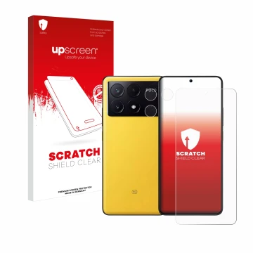 Parte frontal de un envase de producto con el logotipo de la marca upscreen. Al lado se muestra el dispositivo Xiaomi Poco X6 
