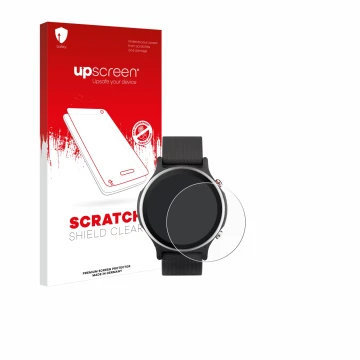 Parte frontal de un envase de producto con el logotipo de la marca upscreen. Al lado se muestra el dispositivo ASUS VivoWatch 