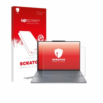 Parte frontal de un envase de producto con el logotipo de la marca upscreen. Al lado se muestra el dispositivo Lenovo ThinkBoo