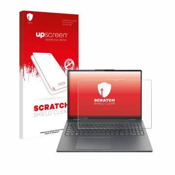 Parte frontal de un envase de producto con el logotipo de la marca upscreen. Al lado se muestra el dispositivo Lenovo Yoga 7i 
