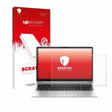 Parte frontal de un envase de producto con el logotipo de la marca upscreen. Al lado se muestra el dispositivo HP EliteBook 64