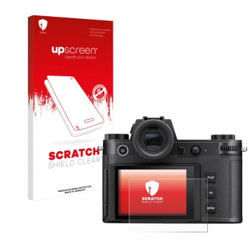 Parte frontal de un envase de producto con el logotipo de la marca upscreen. Al lado se muestra el dispositivo Leica SL3 con s