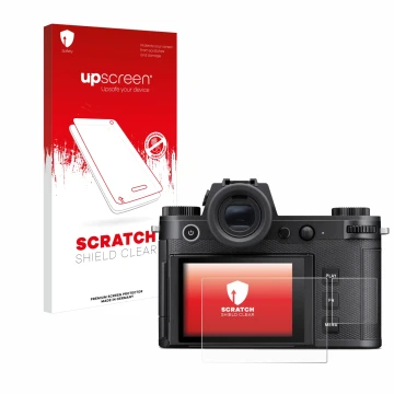 Parte frontal de un envase de producto con el logotipo de la marca upscreen. Al lado se muestra el dispositivo Leica SL3 (Pant