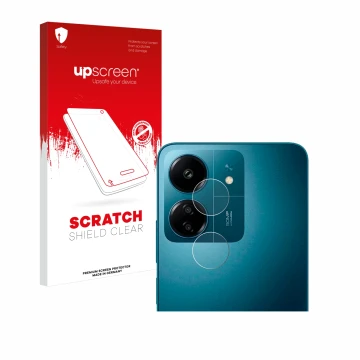 Parte frontal de un envase de producto con el logotipo de la marca upscreen. Al lado se muestra el dispositivo Xiaomi Redmi 13