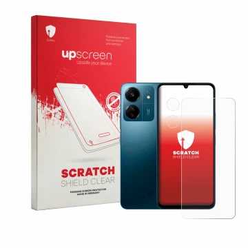 Parte frontal de un envase de producto con el logotipo de la marca upscreen. Al lado se muestra el dispositivo Xiaomi Redmi 13