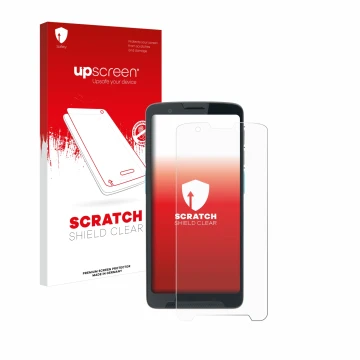Parte frontal de un envase de producto con el logotipo de la marca upscreen. Al lado se muestra el dispositivo Unitech EA660 c