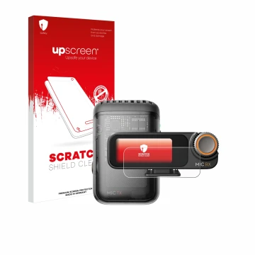 Parte frontal de un envase de producto con el logotipo de la marca upscreen. Al lado se muestra el dispositivo DJI Mic 2 (Rece