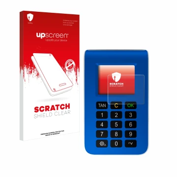 Parte frontal de un envase de producto con el logotipo de la marca upscreen. Al lado se muestra el dispositivo REINER SCT tanJ