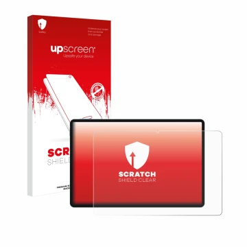 Parte frontal de un envase de producto con el logotipo de la marca upscreen. Al lado se muestra el dispositivo Teclast P50 con