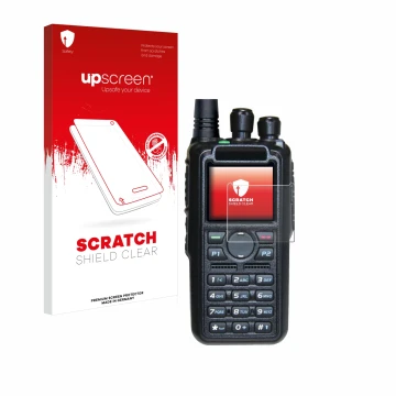 Parte frontal de un envase de producto con el logotipo de la marca upscreen. Al lado se muestra el dispositivo AnyTone AT-D878