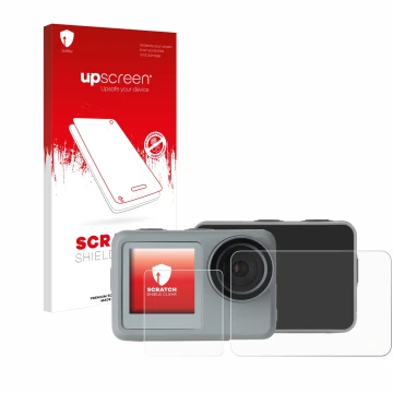 Parte frontal de un envase de producto con el logotipo de la marca upscreen. Al lado se muestra el dispositivo Rollei Actionca
