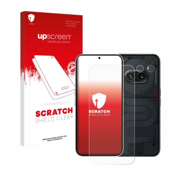 Parte frontal de un envase de producto con el logotipo de la marca upscreen. Al lado se muestra el dispositivo Nothing Phone (