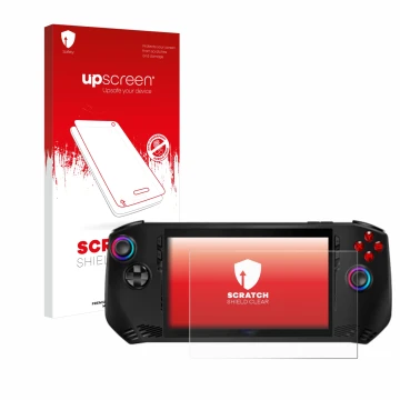 Parte frontal de un envase de producto con el logotipo de la marca upscreen. Al lado se muestra el dispositivo MSI Claw A1M co