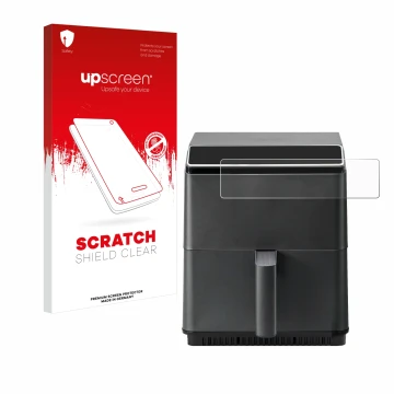 Parte frontal de un envase de producto con el logotipo de la marca upscreen. Al lado se muestra el dispositivo Cosori CAF-P583