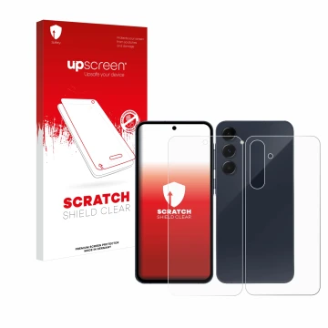 Parte frontal de un envase de producto con el logotipo de la marca upscreen. Al lado se muestra el dispositivo Samsung Galaxy 