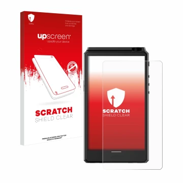 Parte frontal de un envase de producto con el logotipo de la marca upscreen. Al lado se muestra el dispositivo Hiby R6 III con