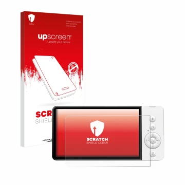 Parte frontal de un envase de producto con el logotipo de la marca upscreen. Al lado se muestra el dispositivo GHB ABM720 con 