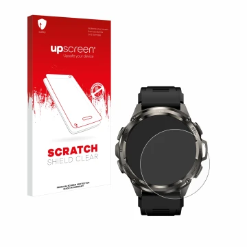 Parte frontal de un envase de producto con el logotipo de la marca upscreen. Al lado se muestra el dispositivo Kospet Tank T3 