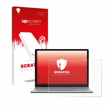 Parte frontal de un envase de producto con el logotipo de la marca upscreen. Al lado se muestra el dispositivo Microsoft Surfa