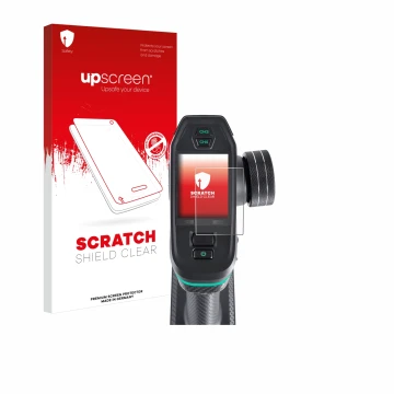 Parte frontal de un envase de producto con el logotipo de la marca upscreen. Al lado se muestra el dispositivo DumboRC DDF-350