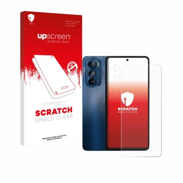 Parte frontal de un envase de producto con el logotipo de la marca upscreen. Al lado se muestra el dispositivo Motorola Edge 3